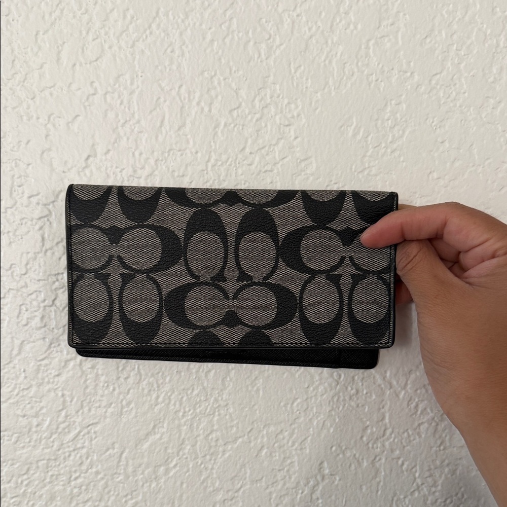 Coach Black and Tan Signature Trifold Wallet